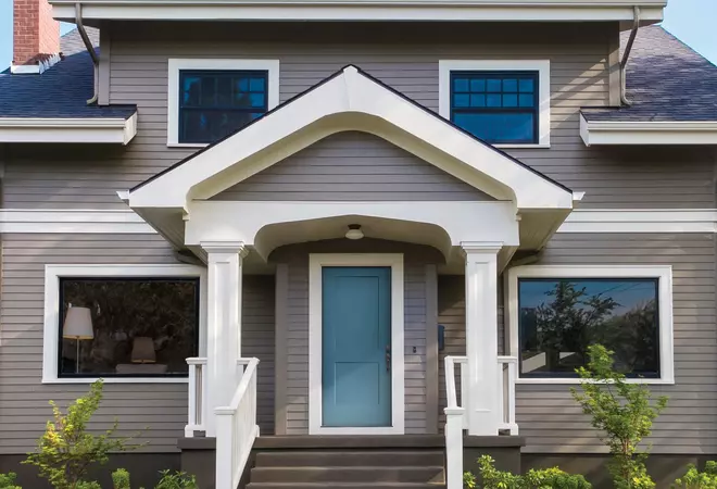 2 panel craftsman shaker smooth entry door in stillwater blue with aged bronze hardware