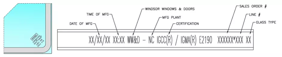 graphic depicting where the glass code is located for windsor windows and doors products