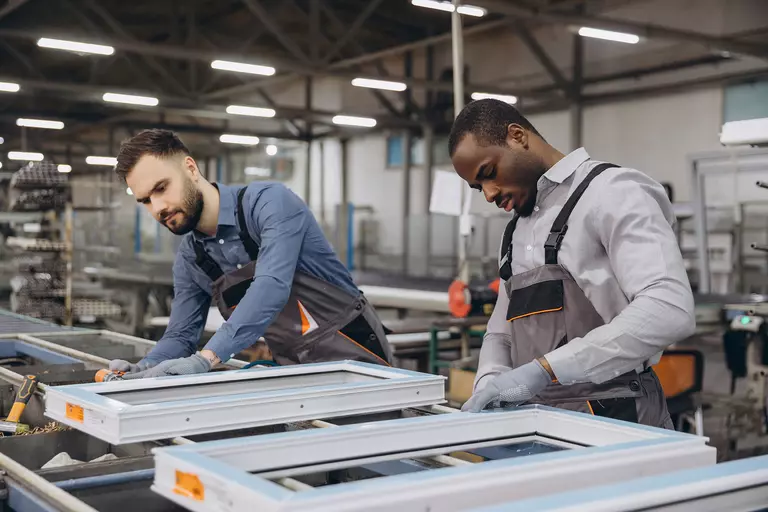 Two workers in a window factory inspecting products.