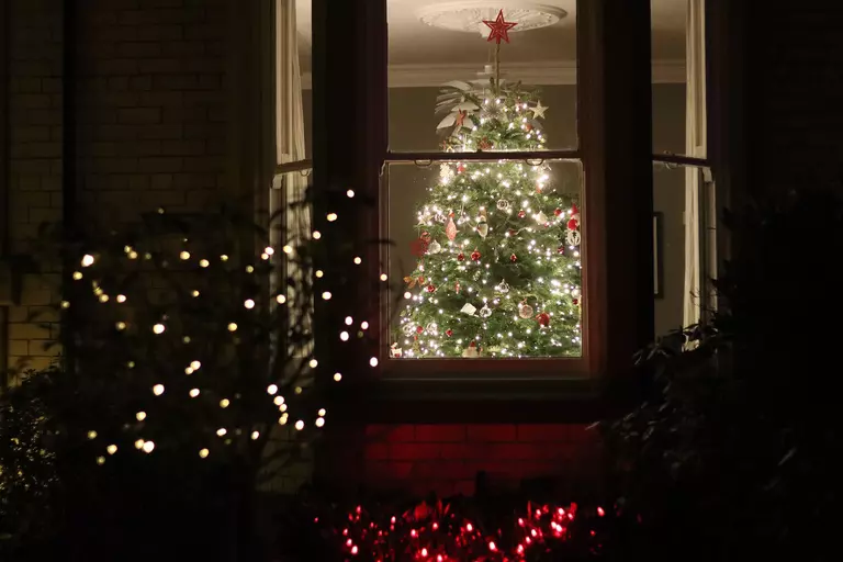 A lit Christmas tree viewed from outside at night through a bay window.