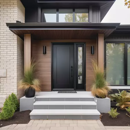 Black Brushed smooth fiberglass entry door, in a 1-panel flat shaker style