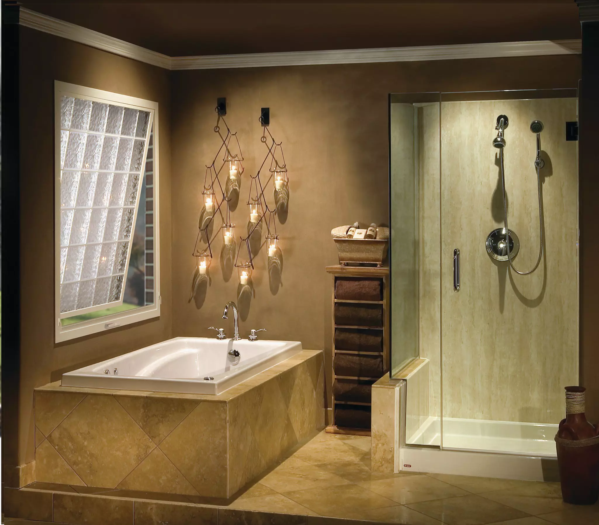 A moody low lit bathroom with a bathroom window above the sink 