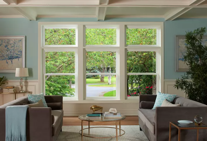 View through living room windows in summer