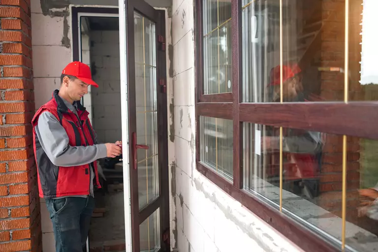 Worker installing storm door hardware.