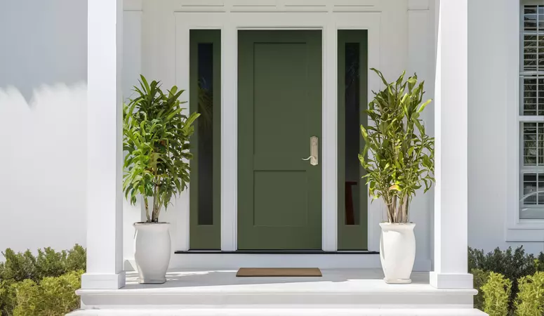 8 foot tall brushed smooth fiberglass exterior door, in a 2-Panel Flat Shaker style, prefinished in a custom color