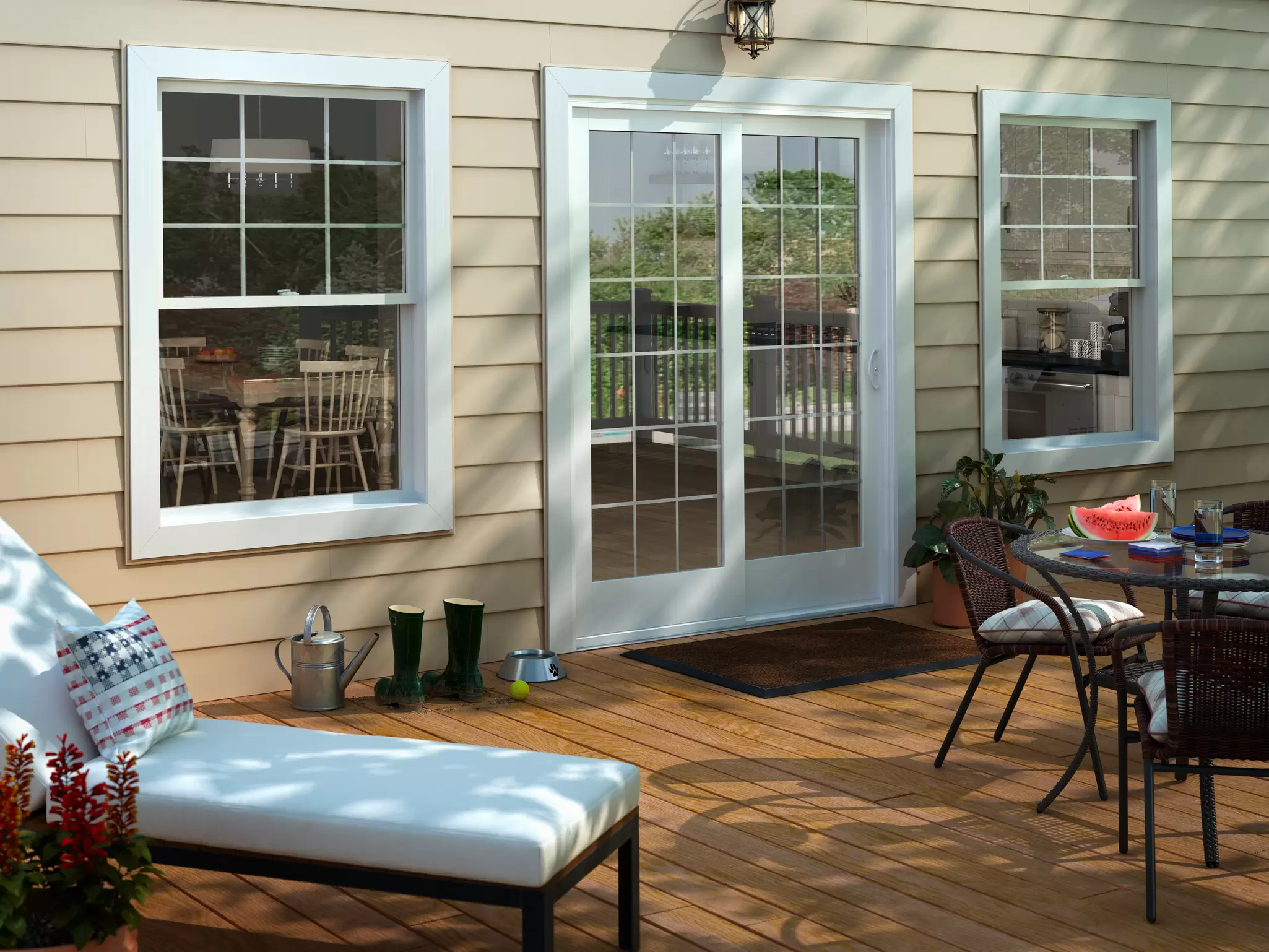 Backyard patio with sliding glass door and large windows.