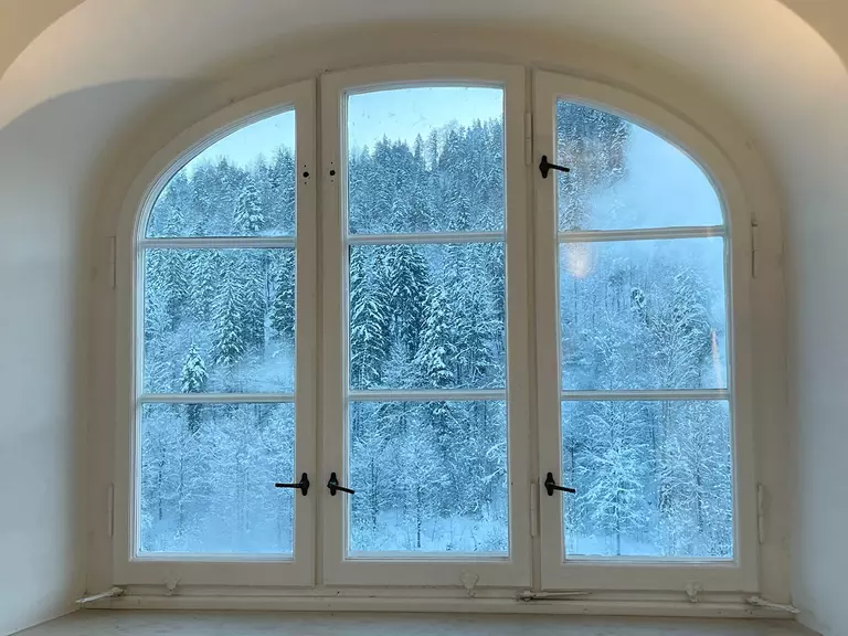 An arched architectural window with black hardware overlooking snowy woods.