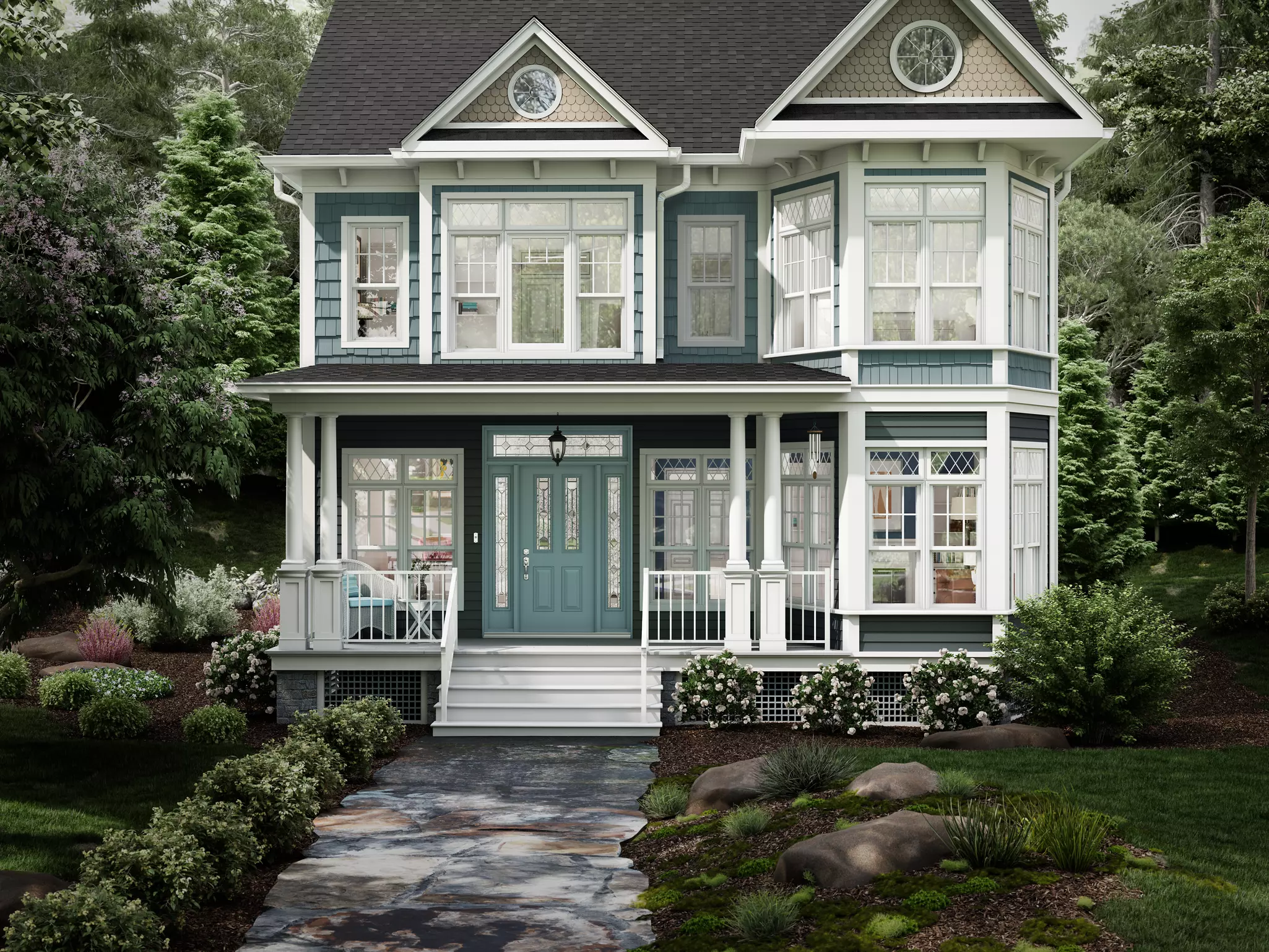 Two-story residential home with a combination of light-green and light-blue siding.