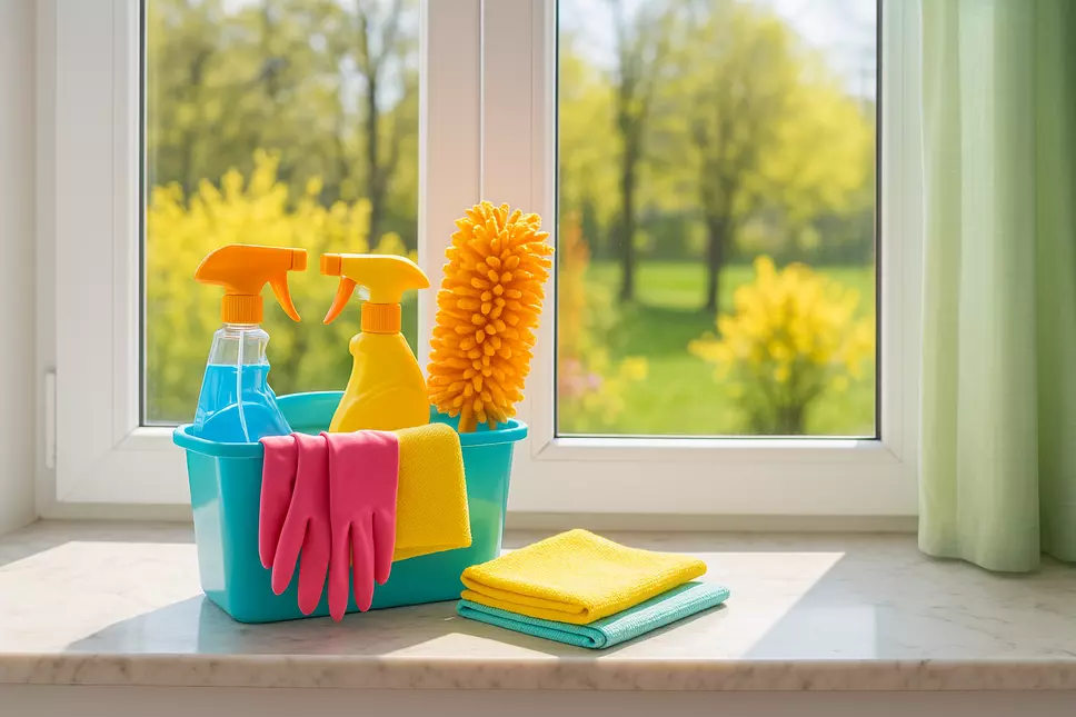 Cleaning products in front of a window.