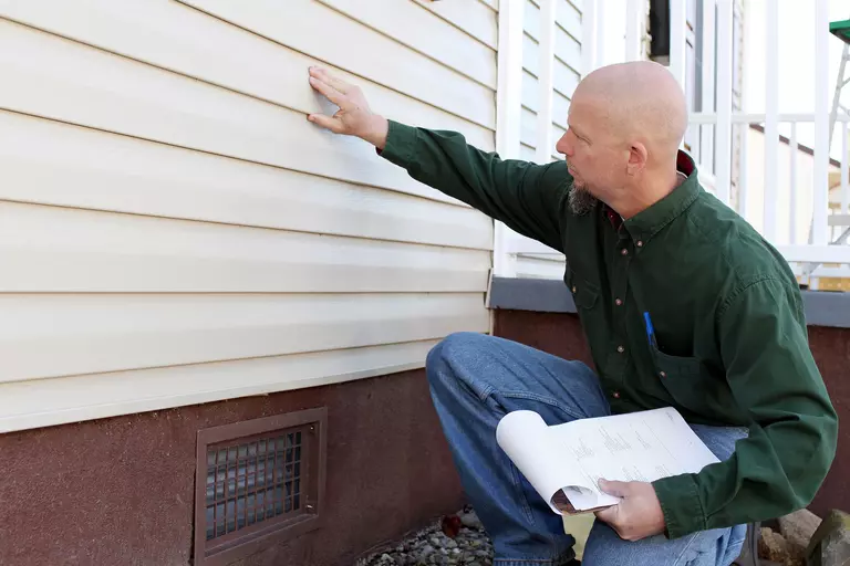 A man inspecting a home's vinyl siding.
