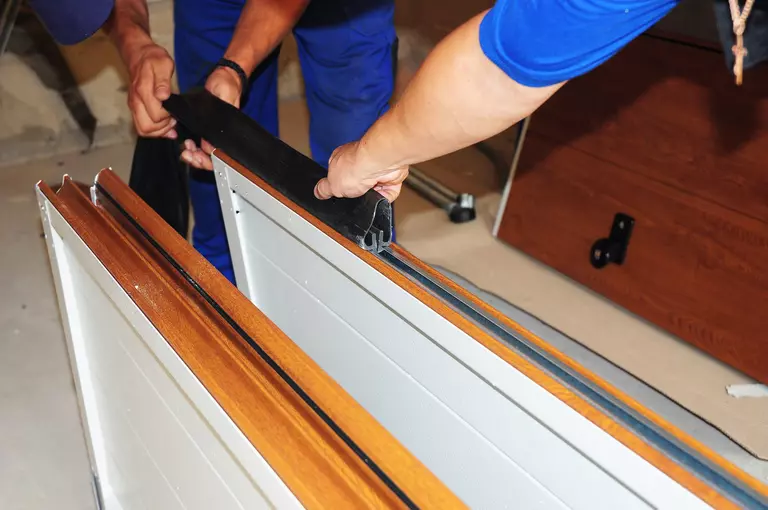 Workers preparing a garage door for installation.