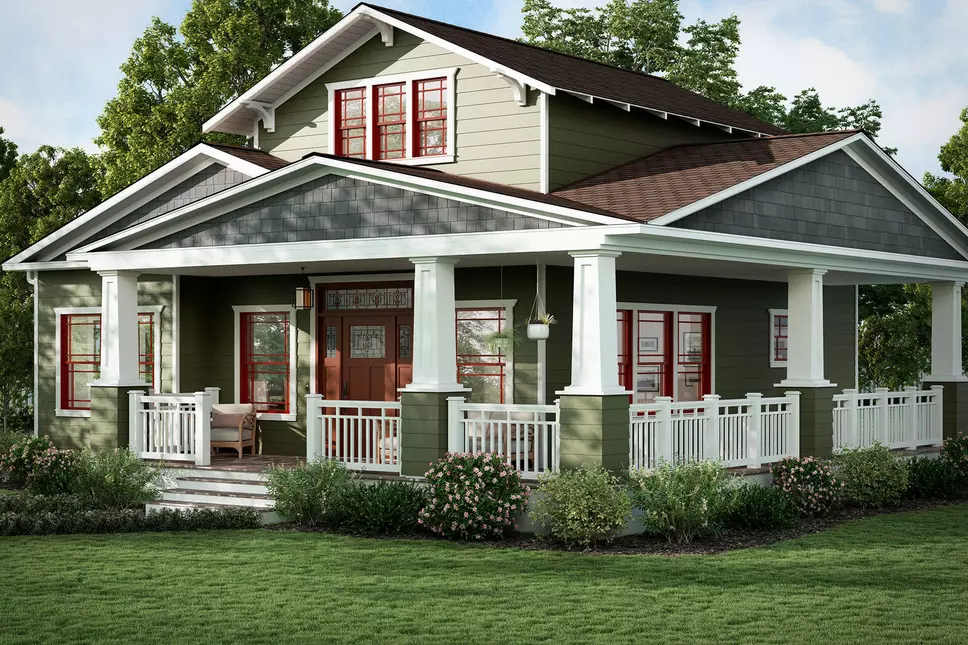 Craftsman style home with Window World windows, vinyl siding, and entry door