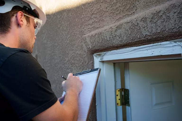 An inspector with a clipboard examining the edges of a wooden door frame.