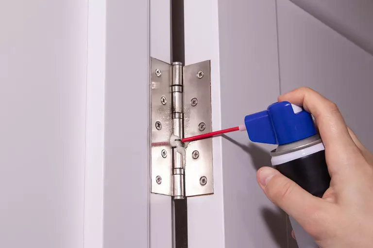 Close-up of a lubricant being applied to door hinges.