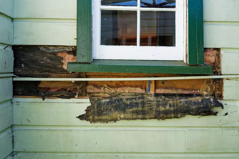 Rotten traditional wood siding on a home directly underneath a window.