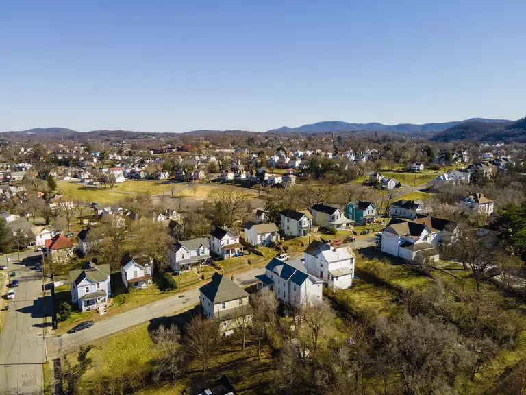 Aerial photograph of a suburban neighborhood.