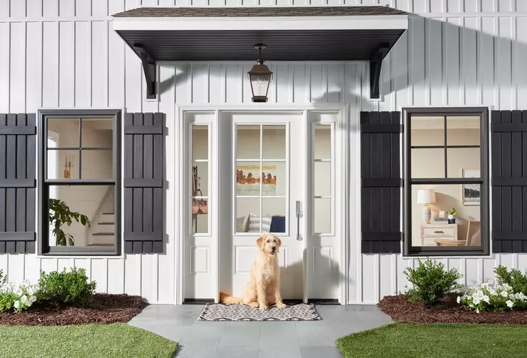 Dog sitting in front of a home featuring a white exterior door with sidelites.