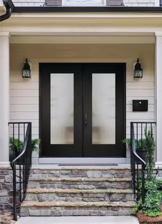 Contemporary home with a full Lite door style and rain glass, prefinished in symphony 