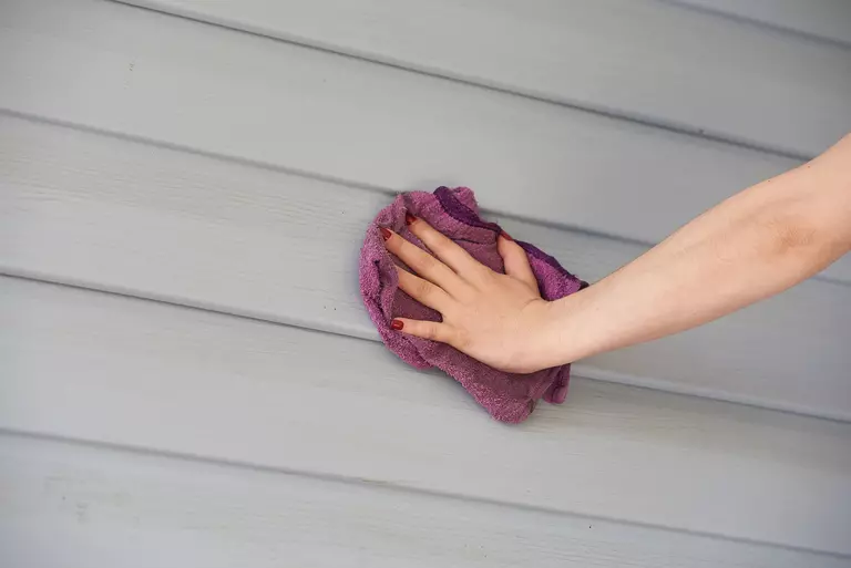 Alt: Cleaning vinyl siding panels on a home to maintain curb appeal and protect them from degradation.
