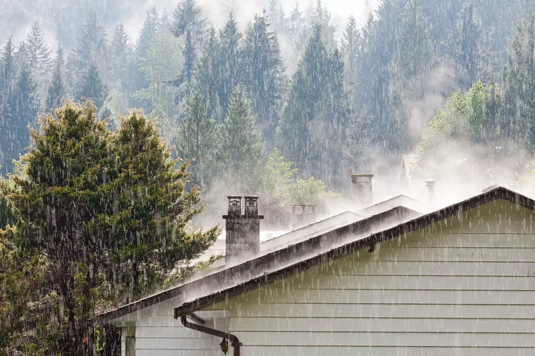 Heavy rain falling down in the mountains on top of a vinyl siding home surrounded by large trees and shrubbery.
