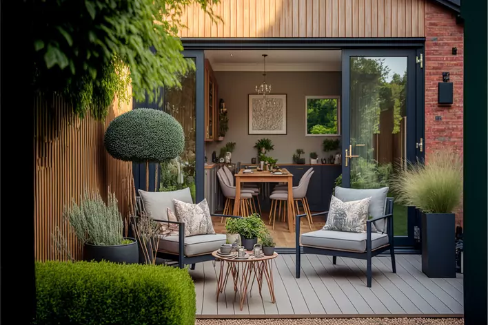 Black sliding glass patio doors open with a view of the outside patio of a home with furniture, including two chairs, a small table, and plants.