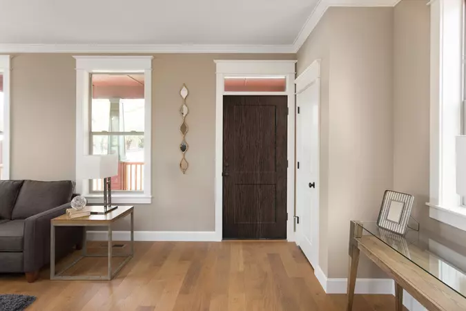 Textured Steel Entry Door, with a 2-Panel Flat Shaker door style, and Plymouth Knob hardware in Matte Black.