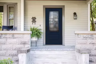 Full lite smooth entry door in colonial blue with waterside glass.