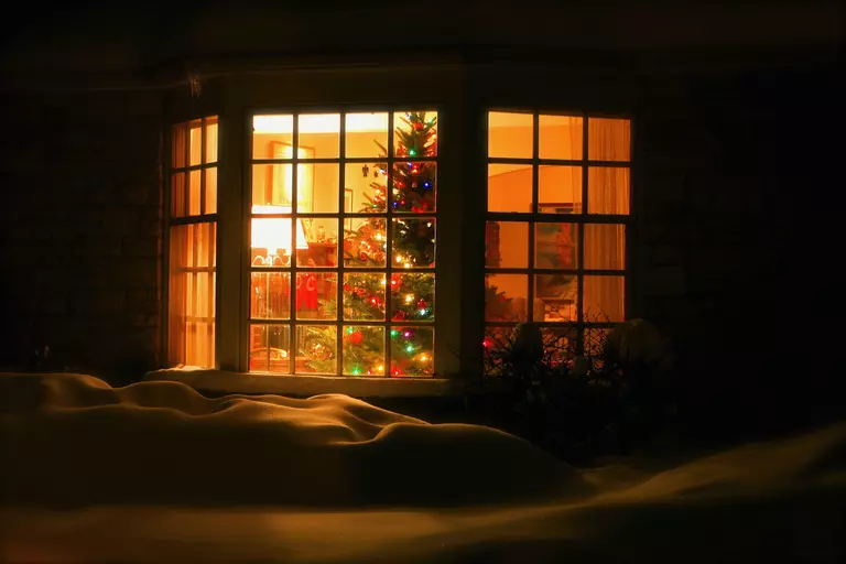A large Christmas tree in front of a bay window seen from outside of a dark and snowy residential yard.