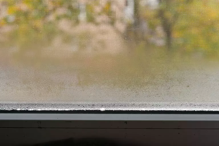 Close-up of the bottom edge of a window frame with condensation on the glass.
