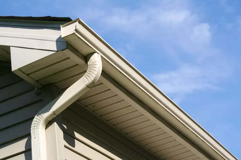 The underside of a white section of gutters and a downspout.