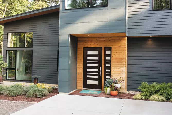 Premium Textured Fiberglass door in Fir, in a Full Lite door style and Contemporary Simulated Divided Lites with Micro-Granite glass, prefinished in Stonehedge Gray, and with a Baldwin Santa Cruz Handleset in Satin Nickel.