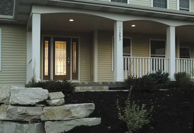 Textured Steel Entry Door, with a Full Lite door style and Harrison glass, with a Plymouth Handleset in Satin Nickel.
