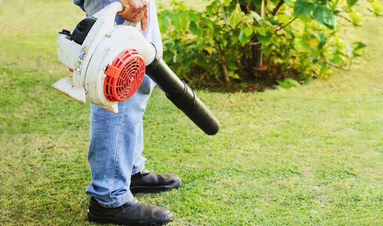 A handheld leaf blower pointed at grass.