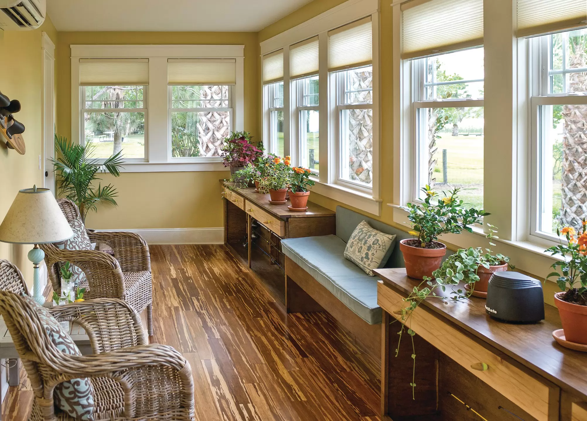 Similar windows in a hallway of a home.