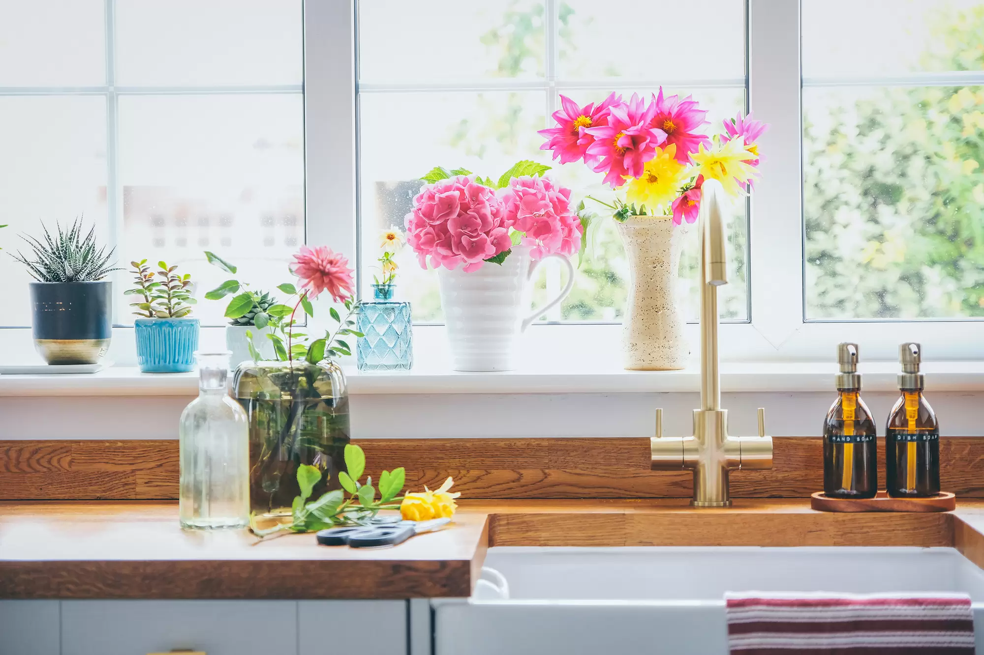 Kitchen sink counter with potted plants in front of a window.