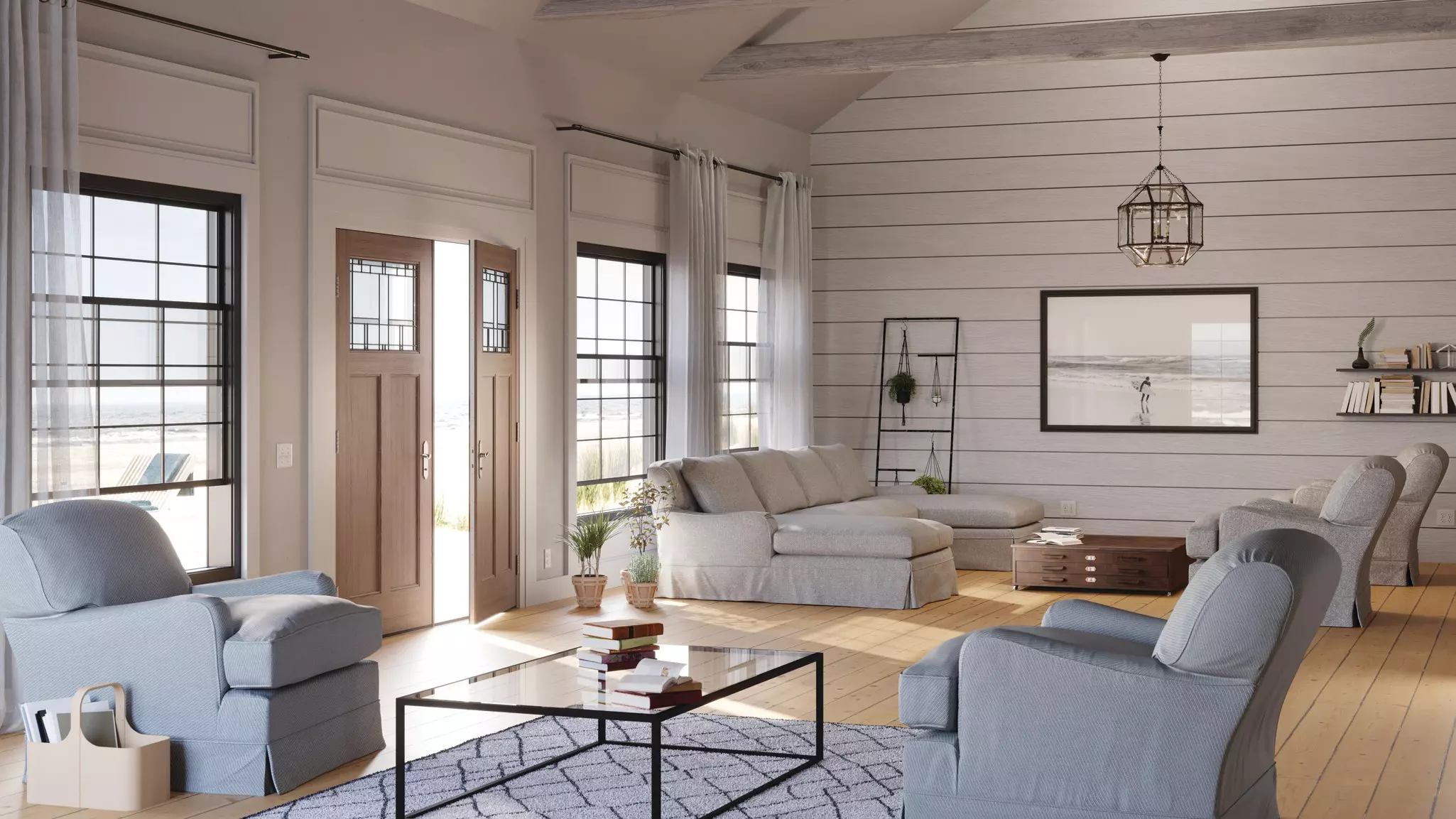 Living room interior with a double entry door.