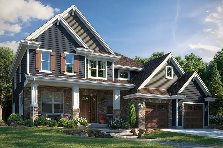 A multi-level vinyl siding home with front-facing garages, energy-efficient windows with woodgrain finish shutters, a woodgrain finish entry door, and a front porch overlooking a beautifully landscaped front yard.
