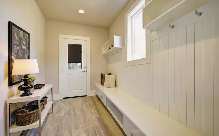 Home with a 1/2 Lite, 1-Panel door style and Enclosed Blinds glass, prefinished in Classic White