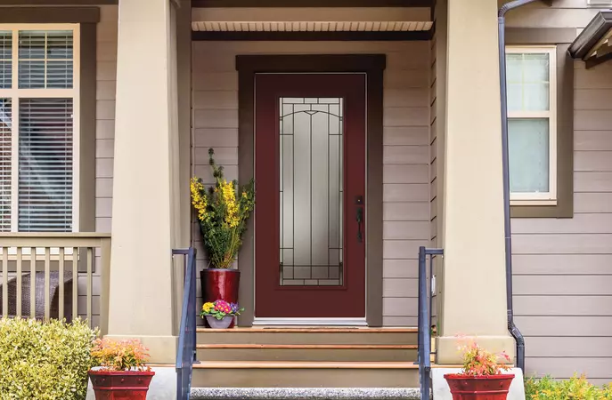 full lite smooth entry door in mesa red with topaz glass. Addison handleset and deadbolt in black.
