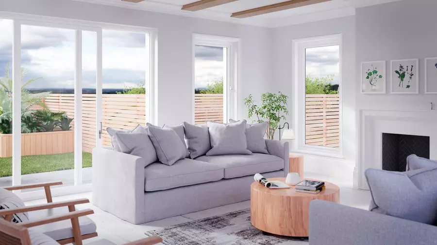 A living room with floor-to-ceiling large glass windows
