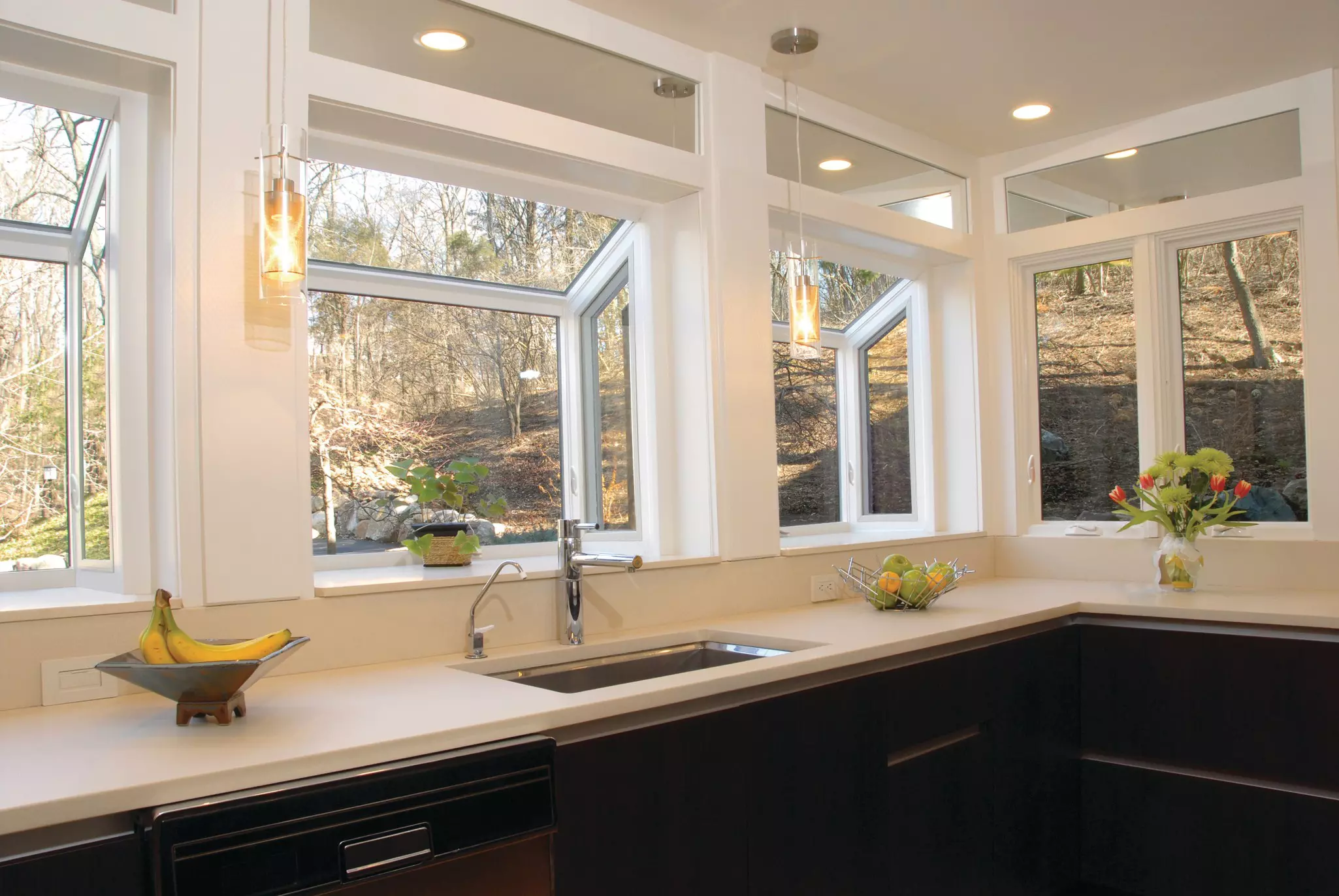 Garden windows in a kitchen with a view of the woods.
