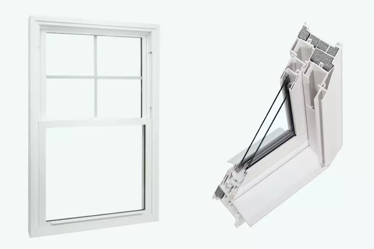 A white window frame beside a crosscut showing spacers between the glass panes.