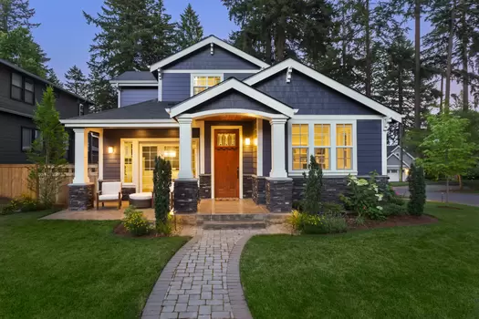 Craftsman Home Exterior, vinyl replacement windows, blue siding, entry door