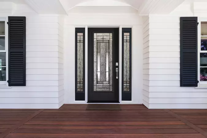 full lite woodgrain entry door in black with pembrook glass and full sidelites