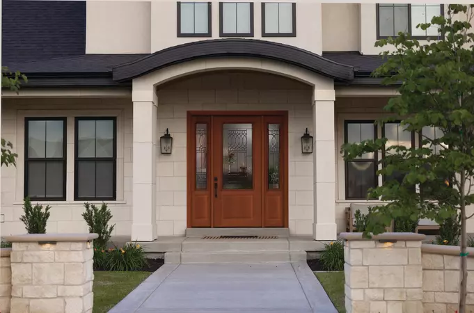 2 panel 3/4 lite woodgrain entry door with Paris decorative glass and 3/4 sidelites