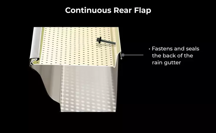 Continuous rear flap - fastens and seals the back of the rain gutter