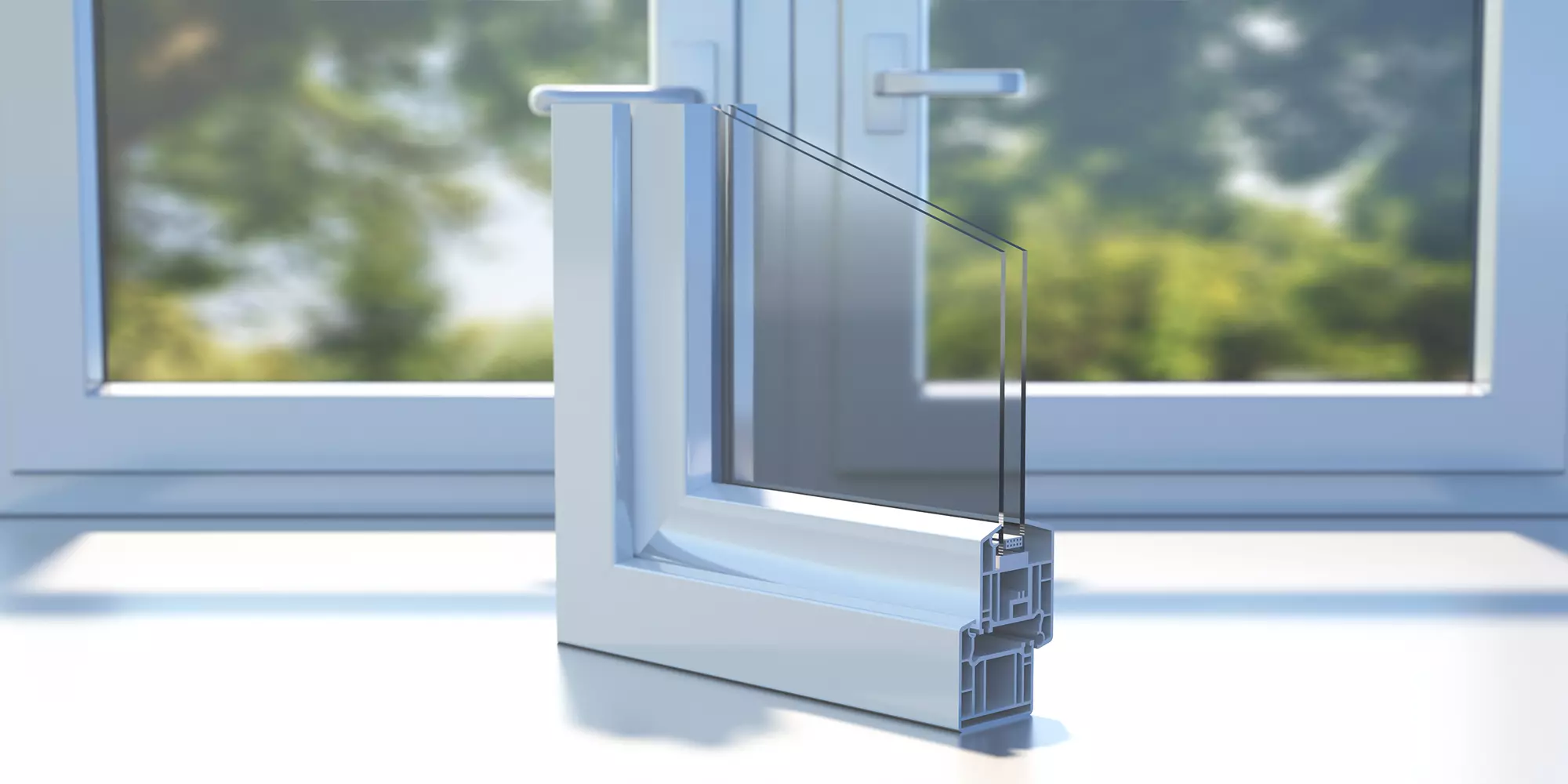 Cutaway of a double-pane glass in front of a window.