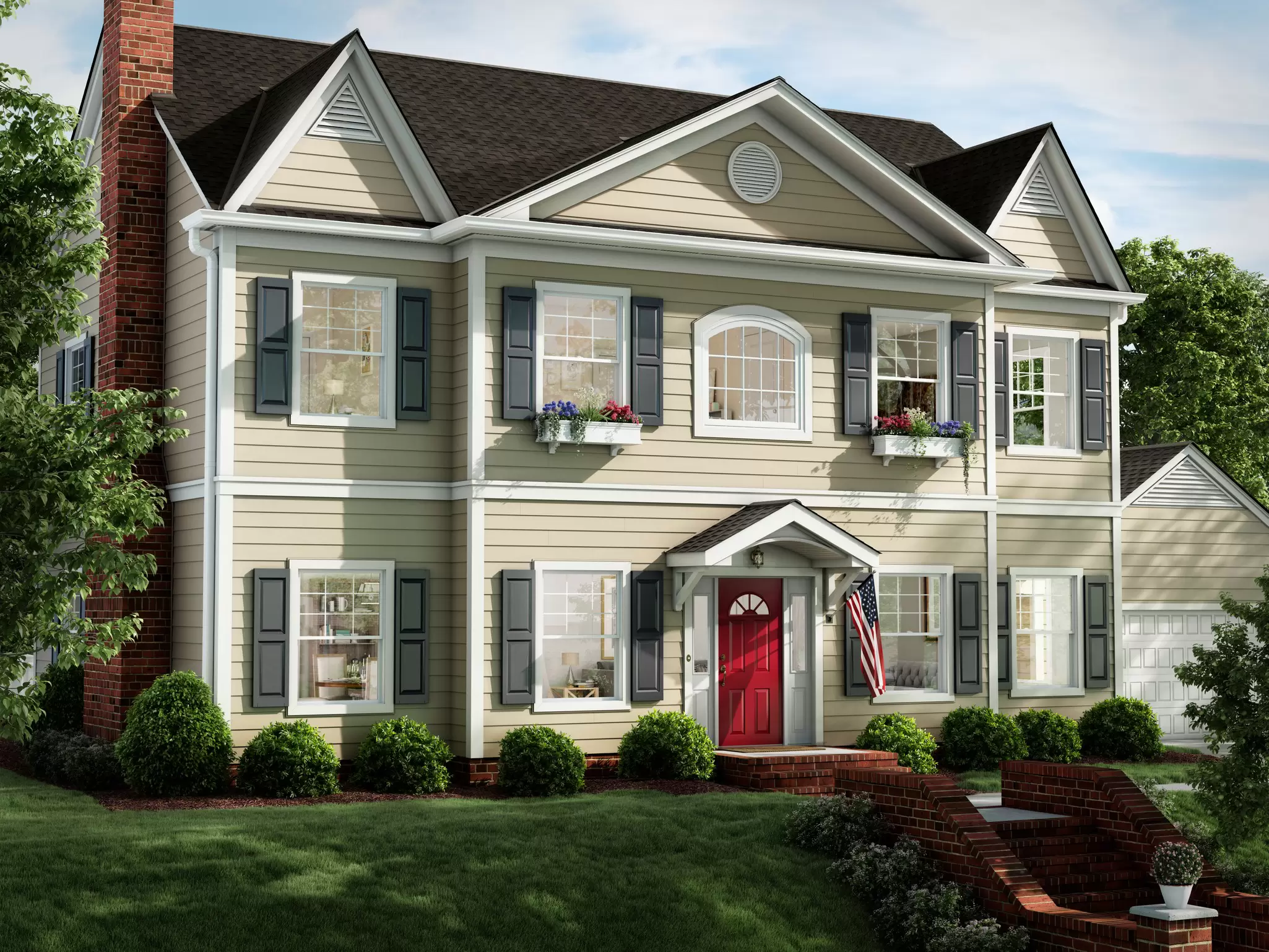 Two-story residential home with multiple double-hung windows.