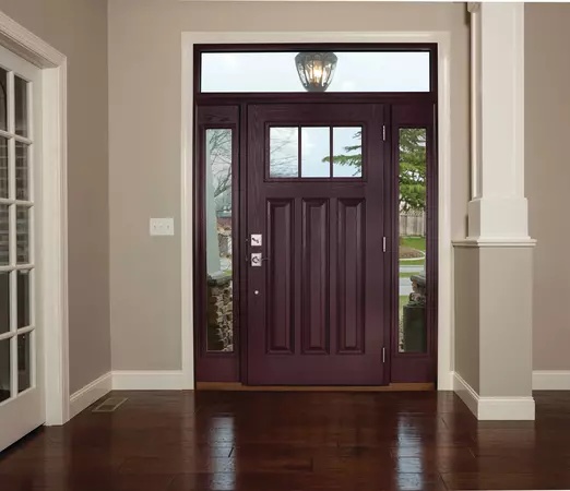 3 panels craftsman woodgrain entry door in oak grain and mahogany stain with full sidelites