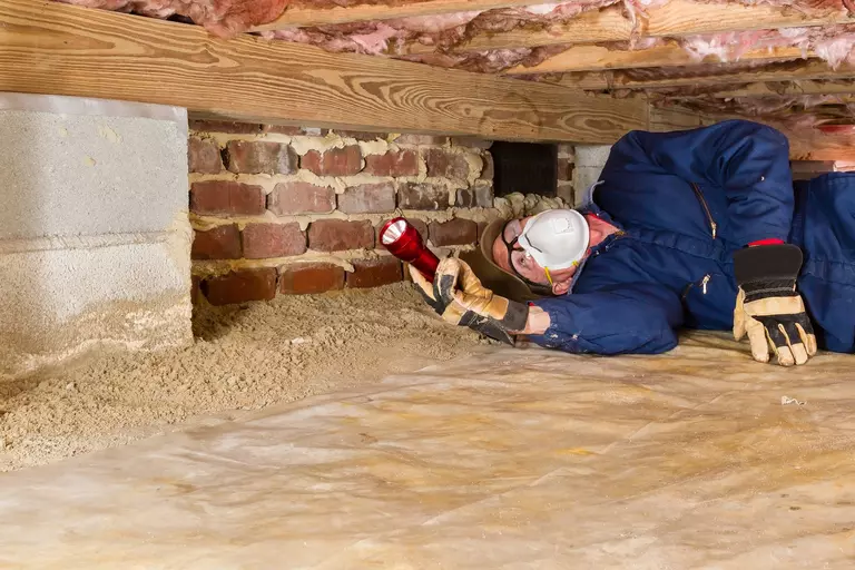 Man underneath a house using a red flashlight in protective gear as he performs a termite inspection.